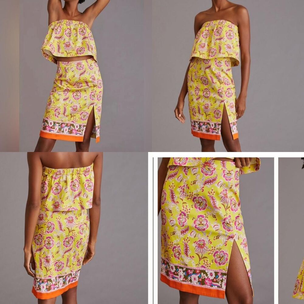 Anthropologie Maeve yellow floral two-piece crop top & midi skirt set size 2